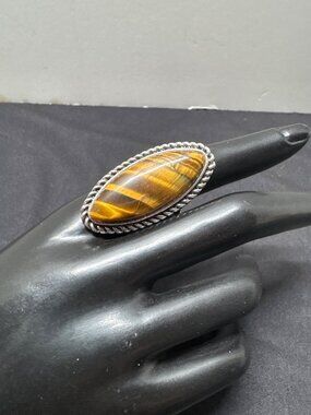 Silver Statement Ring With Tigers Eye Stone Oval Design Adjustable Band Handmade